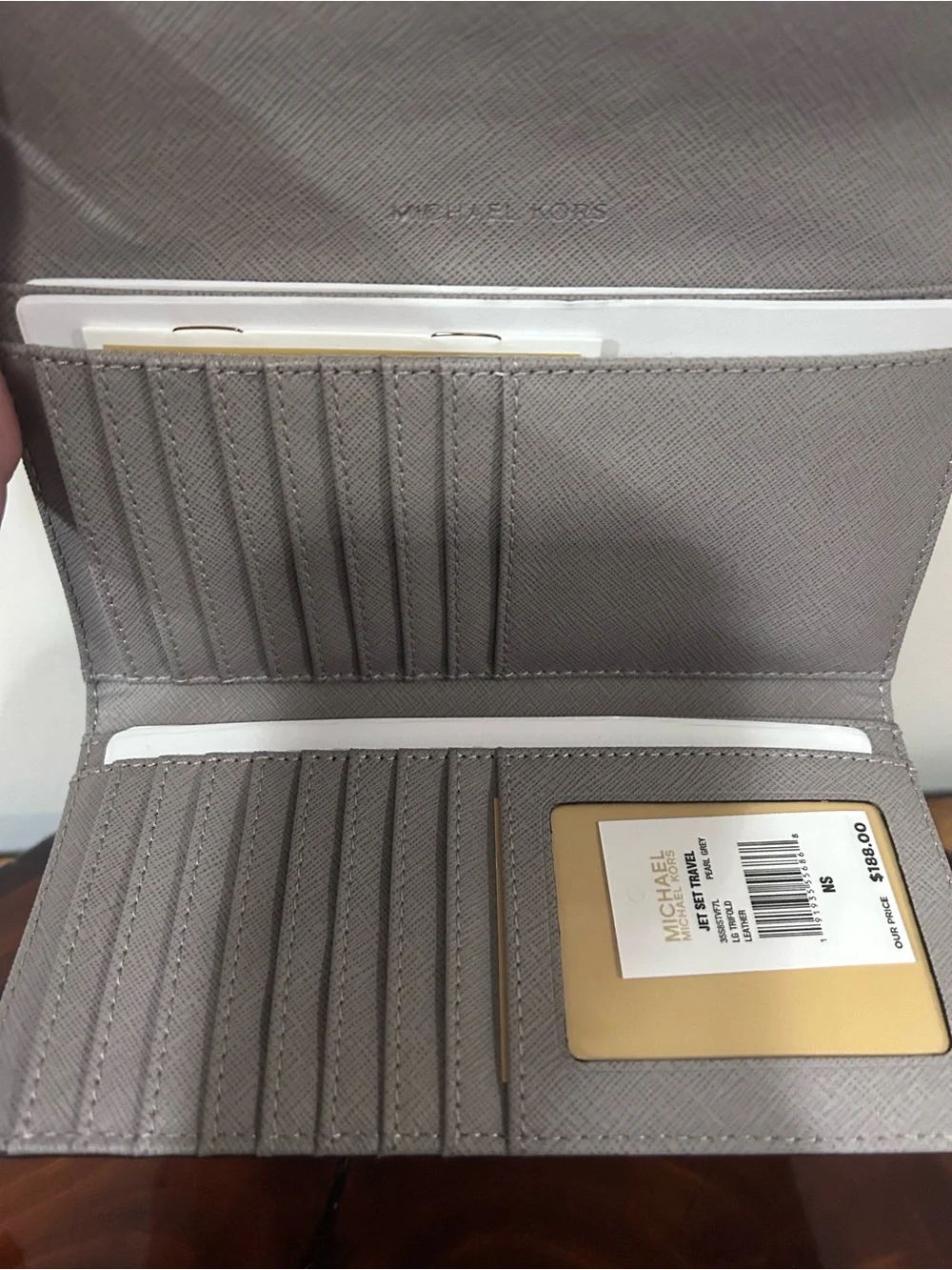 NWT Michael Kors Light Gray Saffiano Leather Folding Wallet